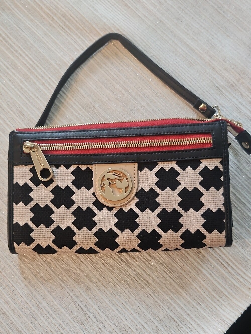 Spartina 449 Black and Cream Geometric Wristlet Clutch with Gold Hardware